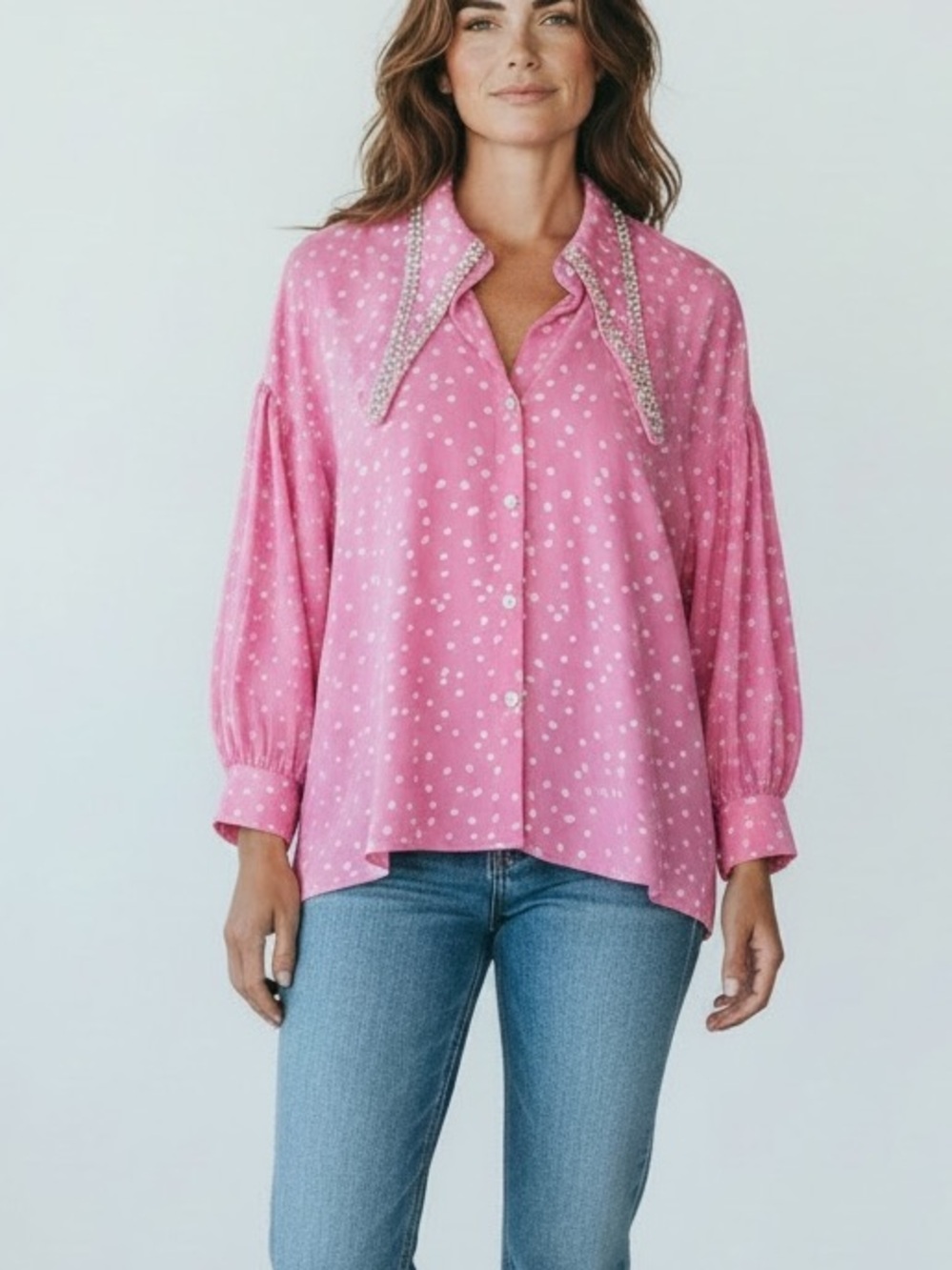 Beulah Rhinestone-Trim Pink Polka Dot Blouse